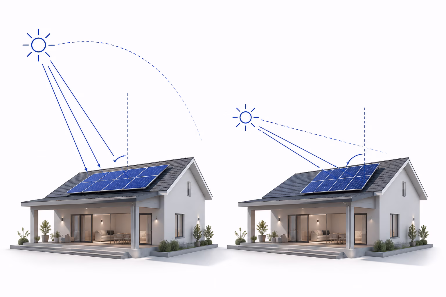 Side-by-side diagram showing solar panel summer vs winter tilt